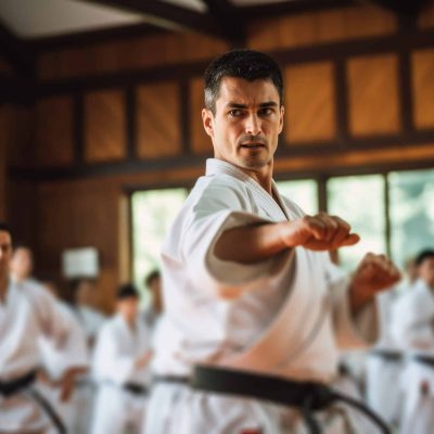 A karate asian martial arts training in a dojo hall. sensei teacher master man wearing white kimono and black belt fighting learning, exercising. students watching in the background