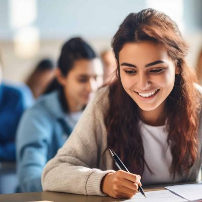 young woman in a university high school with blurred group of students studying in the classroom, education and learning concept, Generative AI