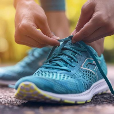 Person tying shoelaces on running shoes, preparing for a morning jog Tying laces Emphasizing readiness for morning exercise